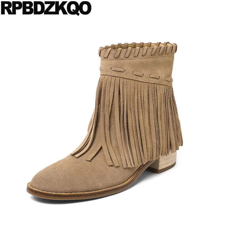 

Designer Shoes Women Luxury 2022 Tassel Winter Chunky Pointed Toe Suede Slip On Block Trending Fringe Ankle Short Boots Girls