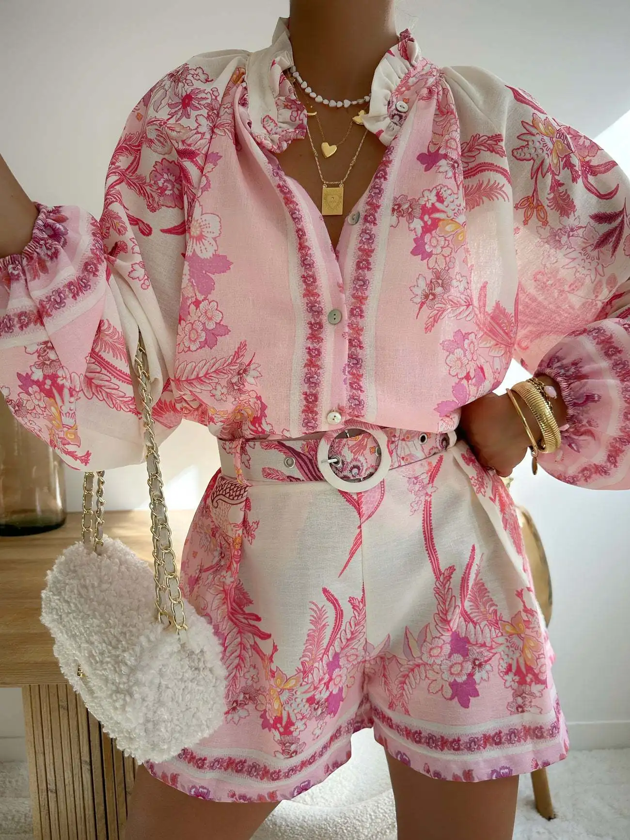 White Spiral Ribbed Floral Print Long Sleeve Henley Top Drawstring Short Set main image 1