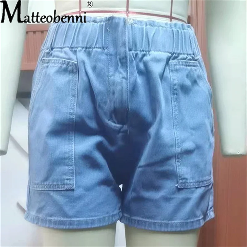 2022 Summer New Blue Women's Denim Shorts Large Size Sexy High Waisted Pocket Jeans Shorts Casual Elastic Waist Streetwear Jeans spandex shorts