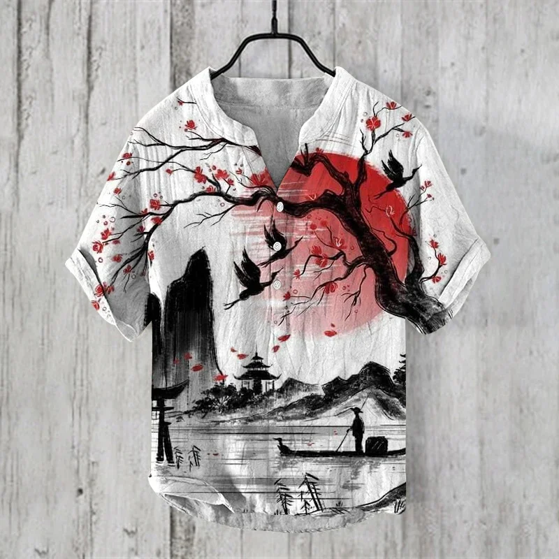 Japanese Word Art Linen V-neck Shirt