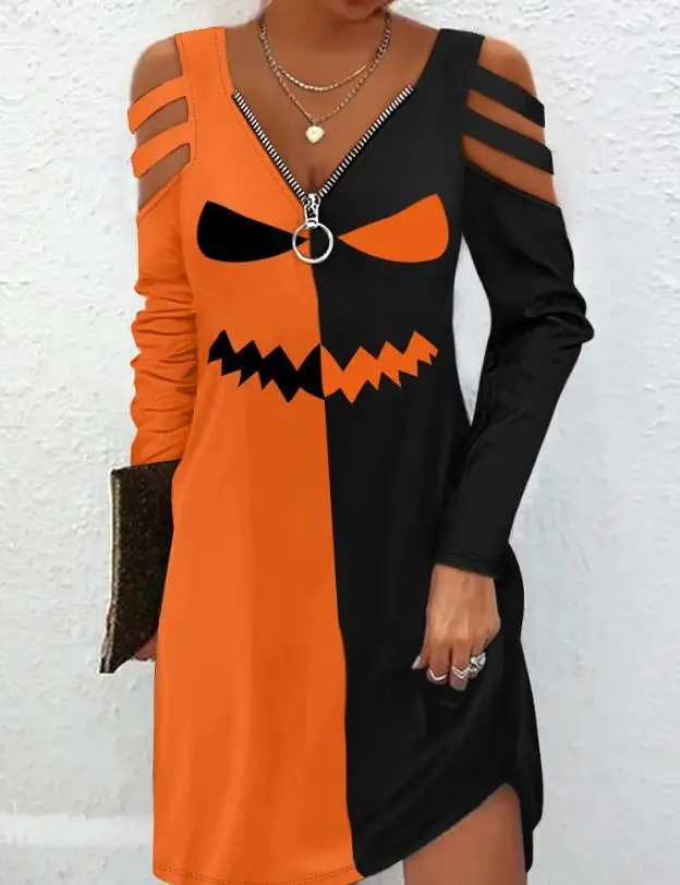 

Halloween Scary Face Print Dress Woman Autumn Casual Colorblock Cold Shoulder Zipper Design Fashion Female A Line Mini Dresses