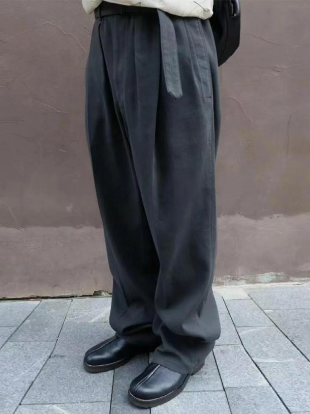 Lemair Sle ey Belted Men's Woolen Straight Leg Pants Long Drapey No Ironing Required Casual Youthful Korean-Inspired