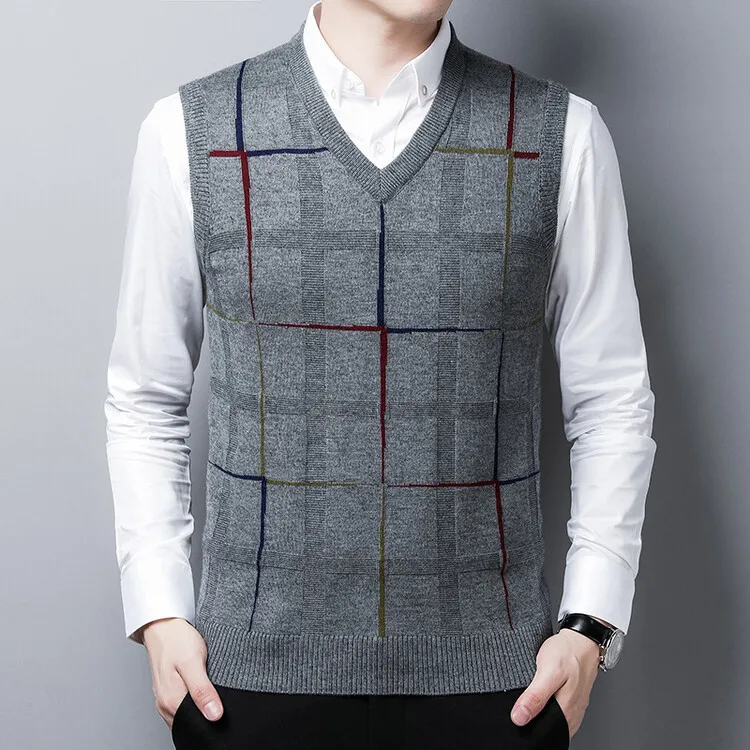 Men Wool Vest Waistcoat 2024 Spring Autumn V-Neck Sleevelesss Plaid Man Sweater Vests