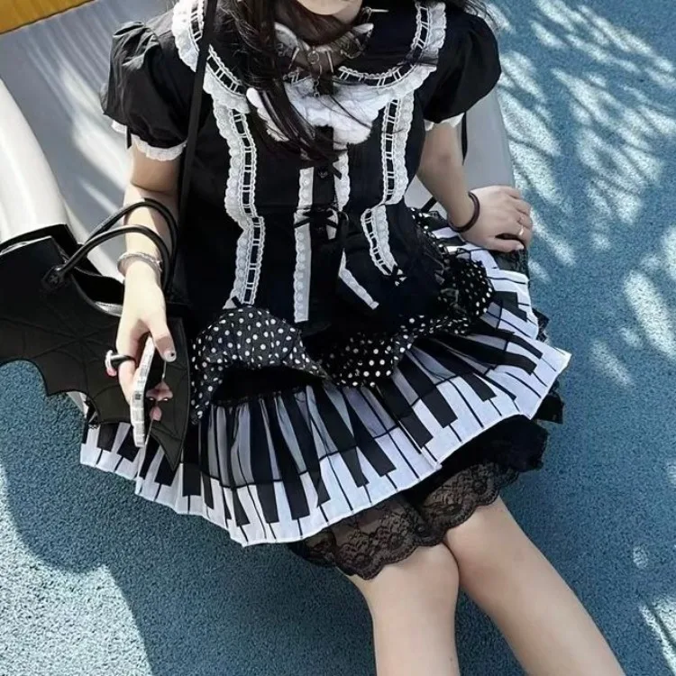 Harajuku Punk Black White Piano Keys Skirts Sweet Lace Ruched Cake Skirt for Women Y2k High Waist All-match Faldas Mujer 3