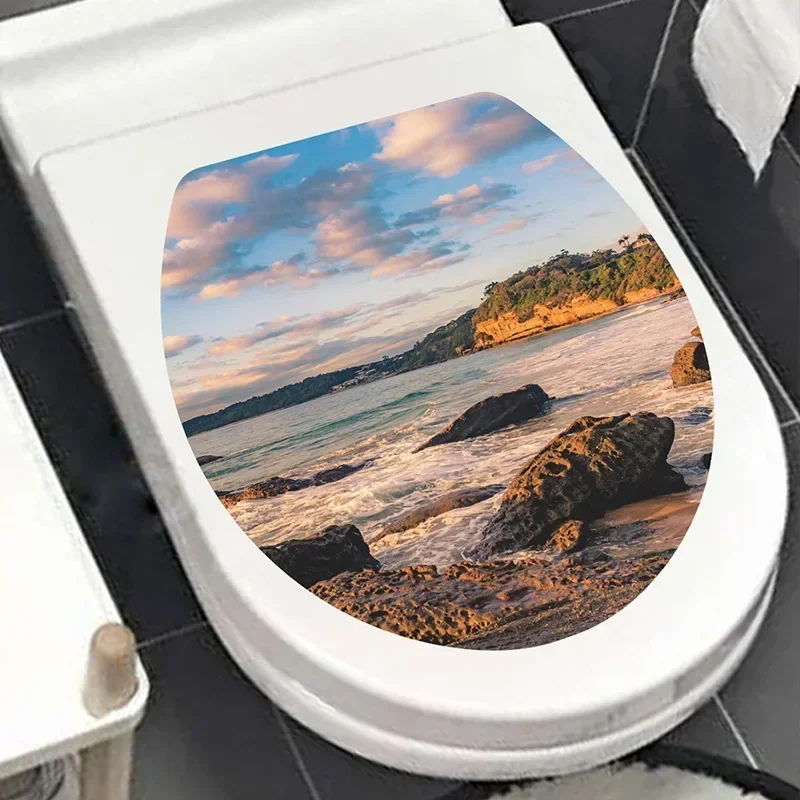 Sea Scenery Toilet Seat Wall Sticker Art Wallpaper Bathroom Decals Self-adhesive Removable Toilet Lid Sticker Home Accessories
