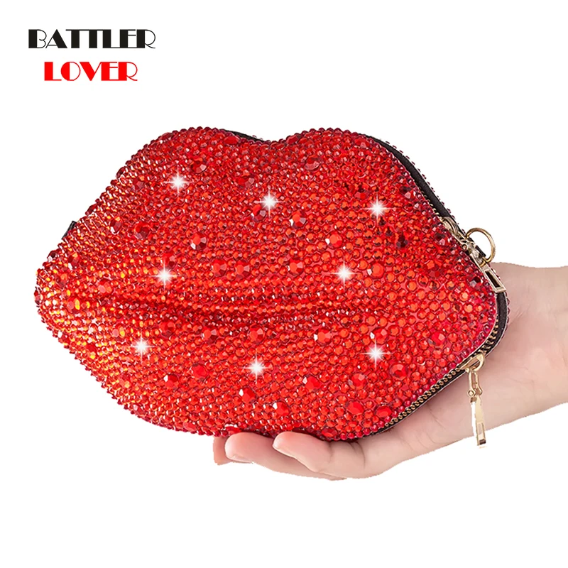 Designer Luxury Lip Shape Rhinestones Bling Purse For Women Crystal Diamond Shoulder Bag Ladies Sexy Cosmetic Lip Handbag Femme