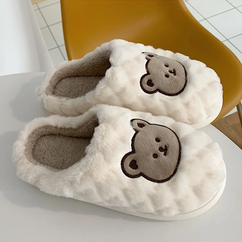 

Student Home Cartoon Plush Slippers Flat Cartoon Slides Shoes Winter Warm Indoor Slippers Girl Heart Cute Bear Cotton Slippers