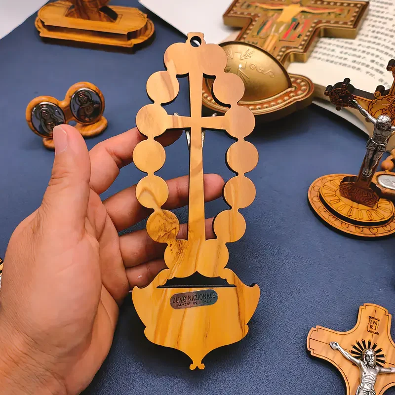 14 Bitter Road Holy Water Pools Olive Wood Wooden Wall Cross for Church and Home Decor 17.5x7cm