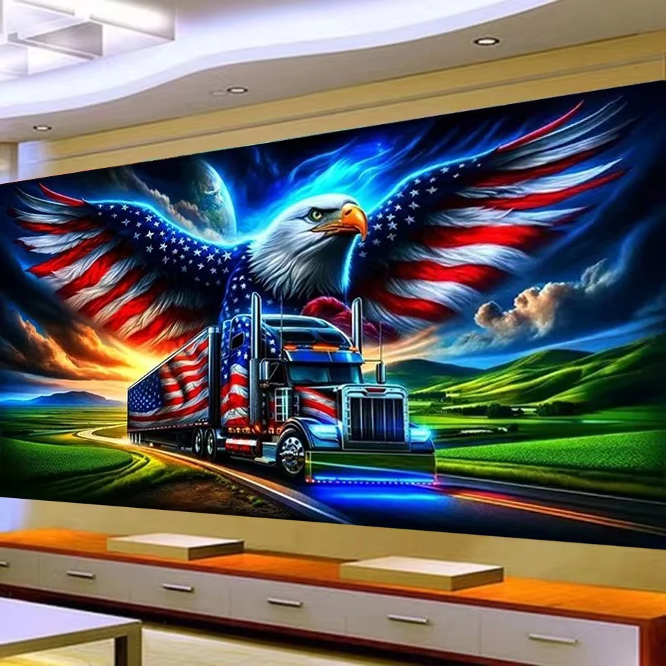 Large 5D Diy Diamond Painting American Eagle Flag Truck Wolf Mountain Landscape Cross Stitch Kits Full Drill Mosaic Embroidery