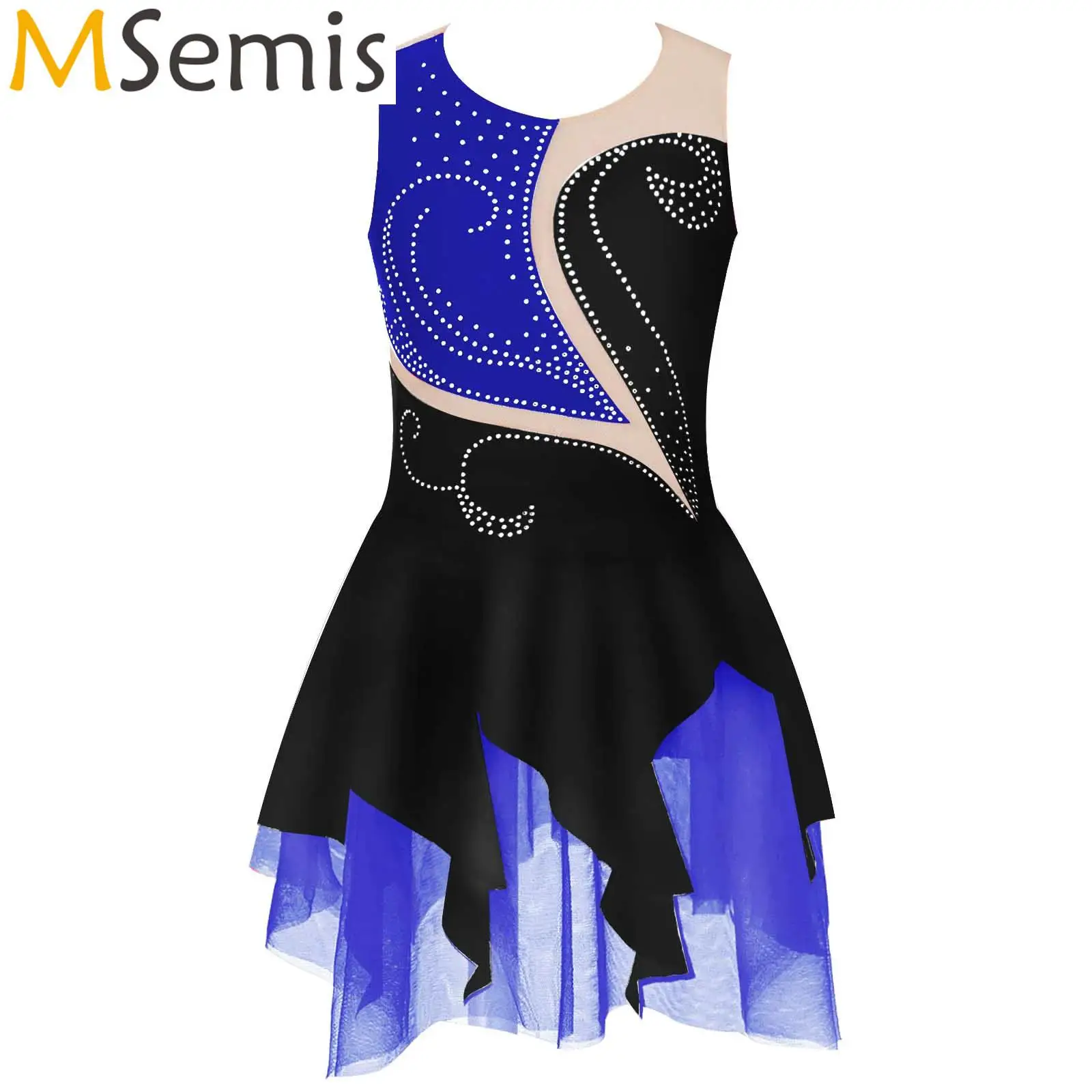 

Kids Girls Gymnatics Ballet Jersey Dance Dress Round Neckline Shiny Rhinestone Hollow Back Figure Skating Ballerina Tutu Dress