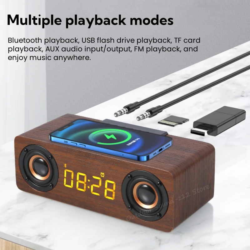 Multifunction Desk Table Led Digital Display Alarm Clock FM Radio Blue-tooth BT 5.0 Speakers with Cell Phone Wireless Charger