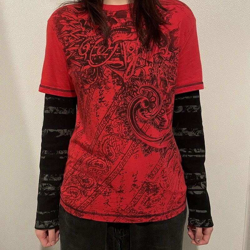 トップス 00s archive gimmick skull skin long tee Vintage Skin Industries XL T-Shirt Grunge Skater Skull Wings