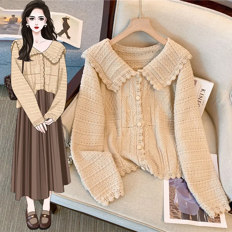 Women s Slimming Sweater Top Doll Collar High Sense Chubby Girl Knit Cardigan Outerwear Plus Size