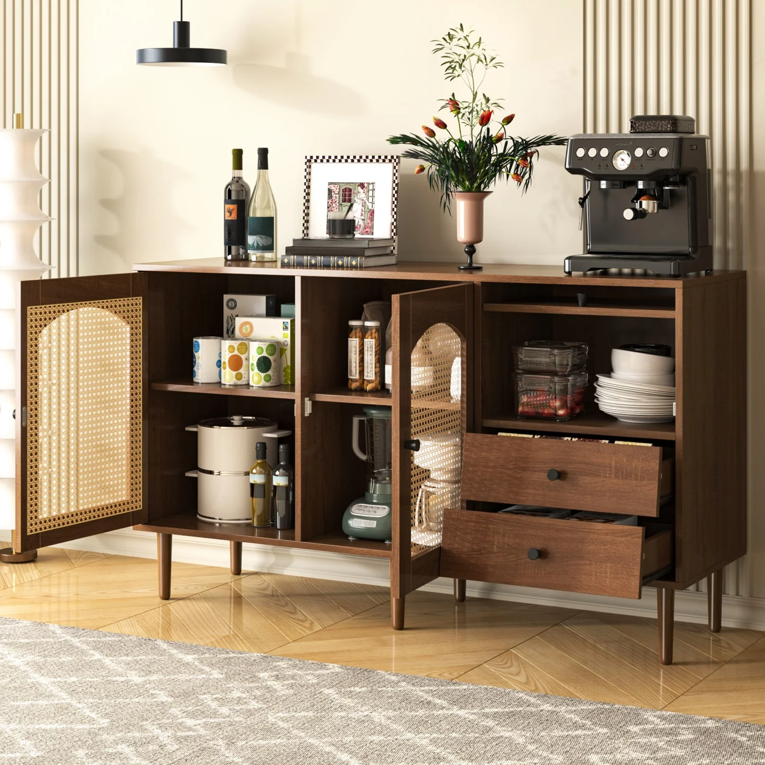 130 x 75,5 x 40 cm großes Sideboard im Landhausstil mit Rattantüren, Magnetverschluss, verstellbaren Regalen, Aufbewahrungsschrank für Wohnzimmer – Detail 6