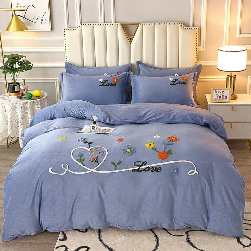 Winter Warm Duvet Cover Set Embroidery 4pcs Bedding Set Crystal Velvet