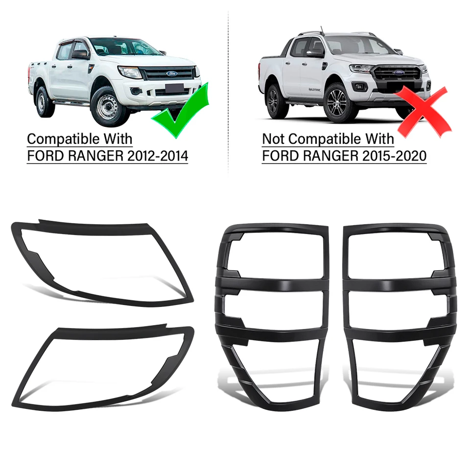JHCHAN Headlight And Tail Lights Cover For Ford Ranger 2012-2014 T6 XL XLT Limited Wildtrak Raptor Matte Black Front Rear Lights Bezel (1 Set For Ford Ranger T6 2012-2014