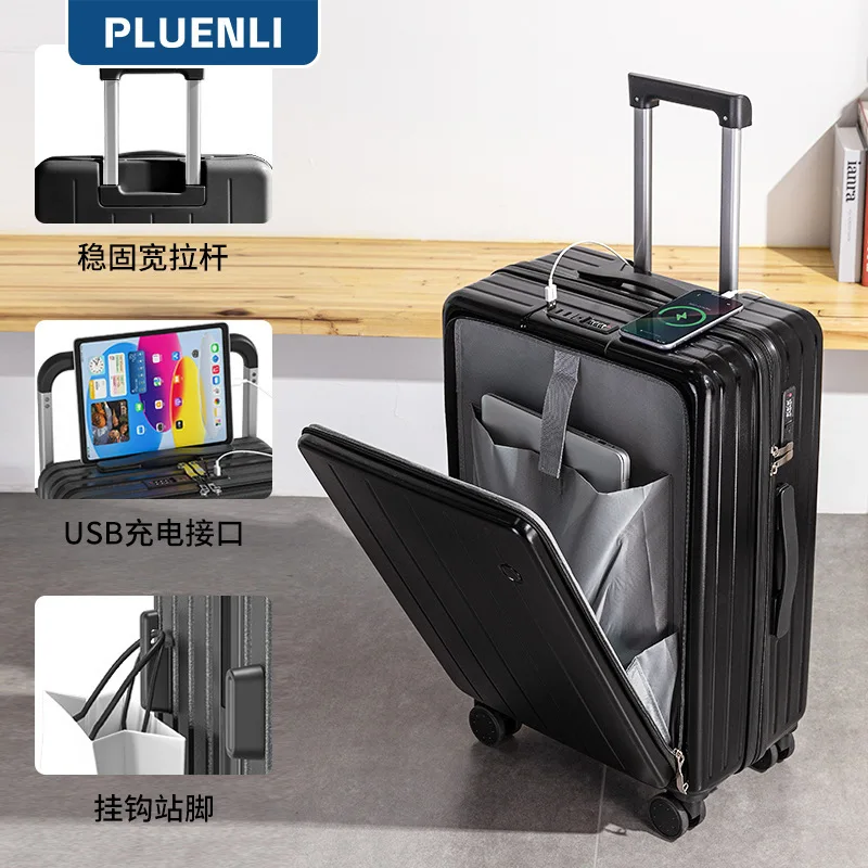 PLUENLI Suitcase Women Large Capacity Cup Holder Universal Wheel Trolley Case Sturdy USB Charging Port Men Travel Luggage Case