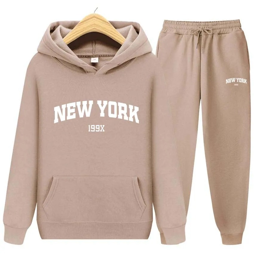 Joggers Brand Autumn Winter Hoodies+Pants Two Piece Set NEW YORK Printing Men Womens Hoodies Tracksuits   thick Warm Clothes