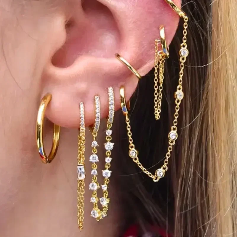 Women 925 Sterling Silver Ear Needle Double Chain Hoop Earrings Crystal Tassel Earrings Fashion Party Wedding Jewelry Gift silver hoop earrings,silver needle earrings,silver earrings,hoop earrings,womens earrings