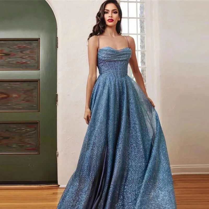 

Sparkly Dusty Blue Champagne Tulle Long Prom Dresses Plus Size Spaghetti Straps Glitter Evening Gowns