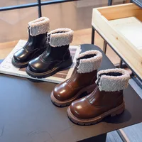 Zip Design Kids Leather Boots for Girls Autumn Winter Plus Thin Cotton Warm Snow Boot Waterproof Children Casual Snow Shoes 2