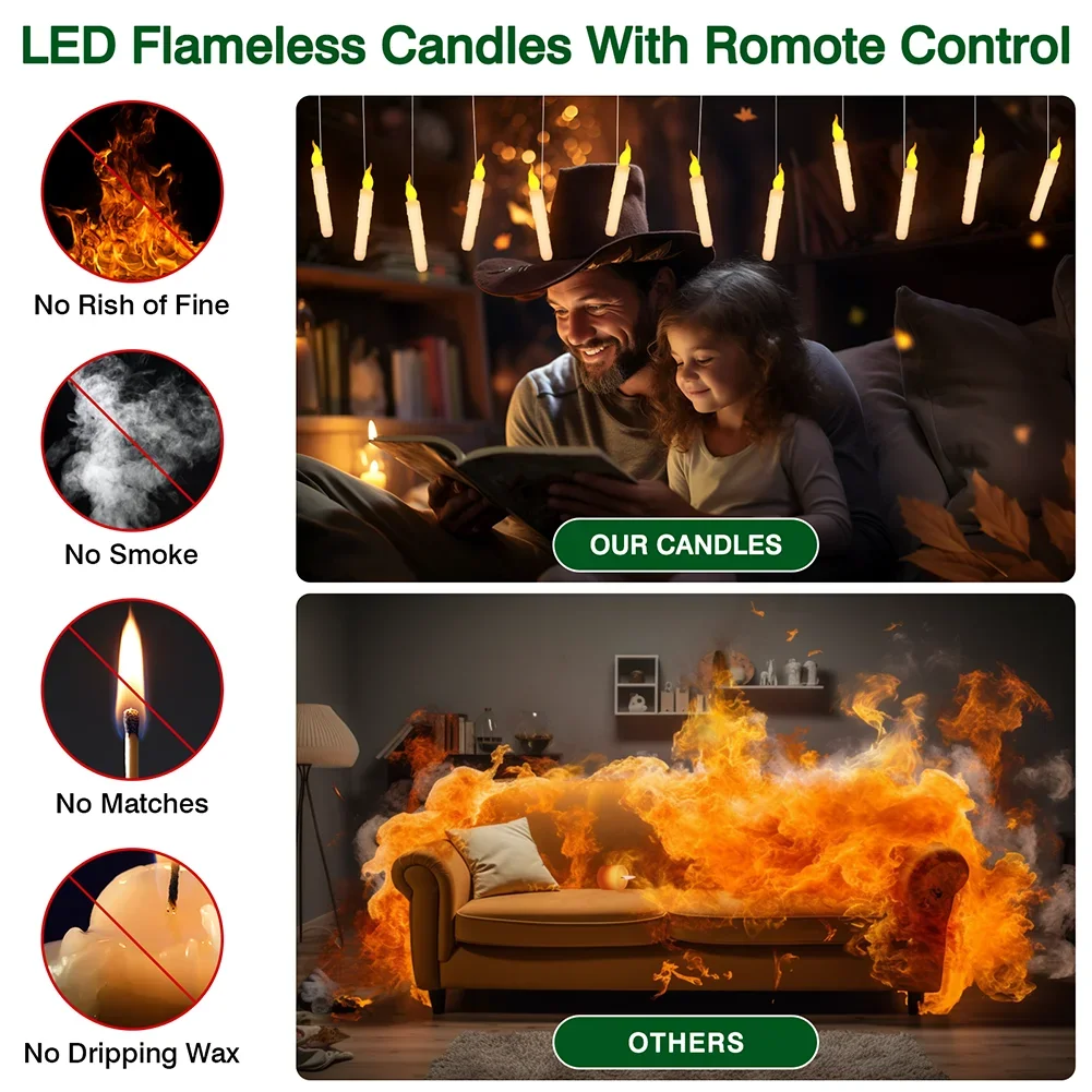 Halloween Christmas Birthday Decoration Floating LED Flameless Flicker Candles 12/24Pc Magic Wand Remote Control