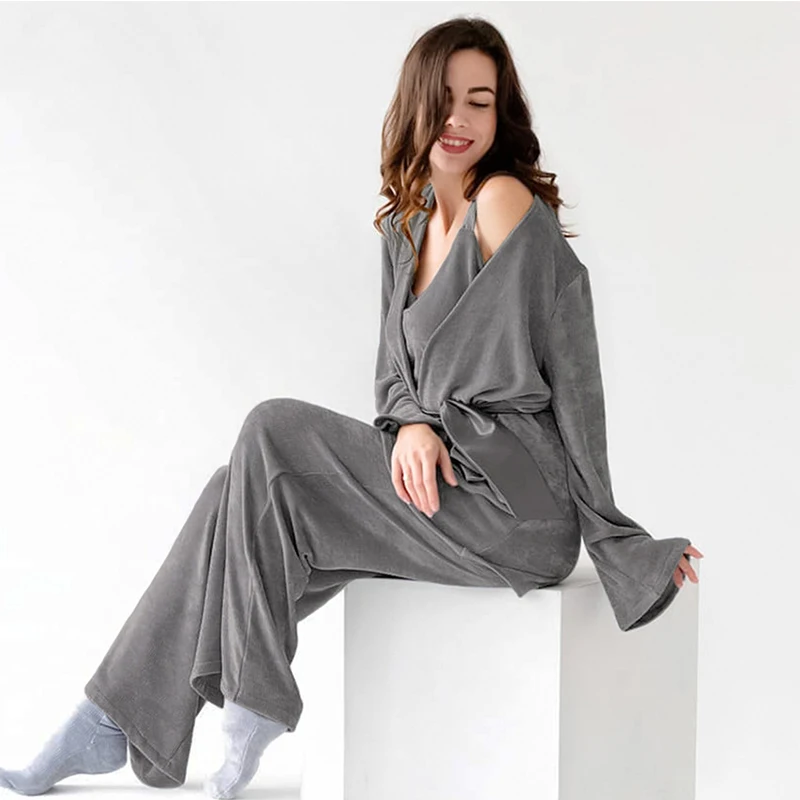 Knitted Women Pajama 3 Pieces Set Solid Autumn Winter Ladies Sleepwear Long Sleeve Long Pant Homesuit Kimono Suit For Female