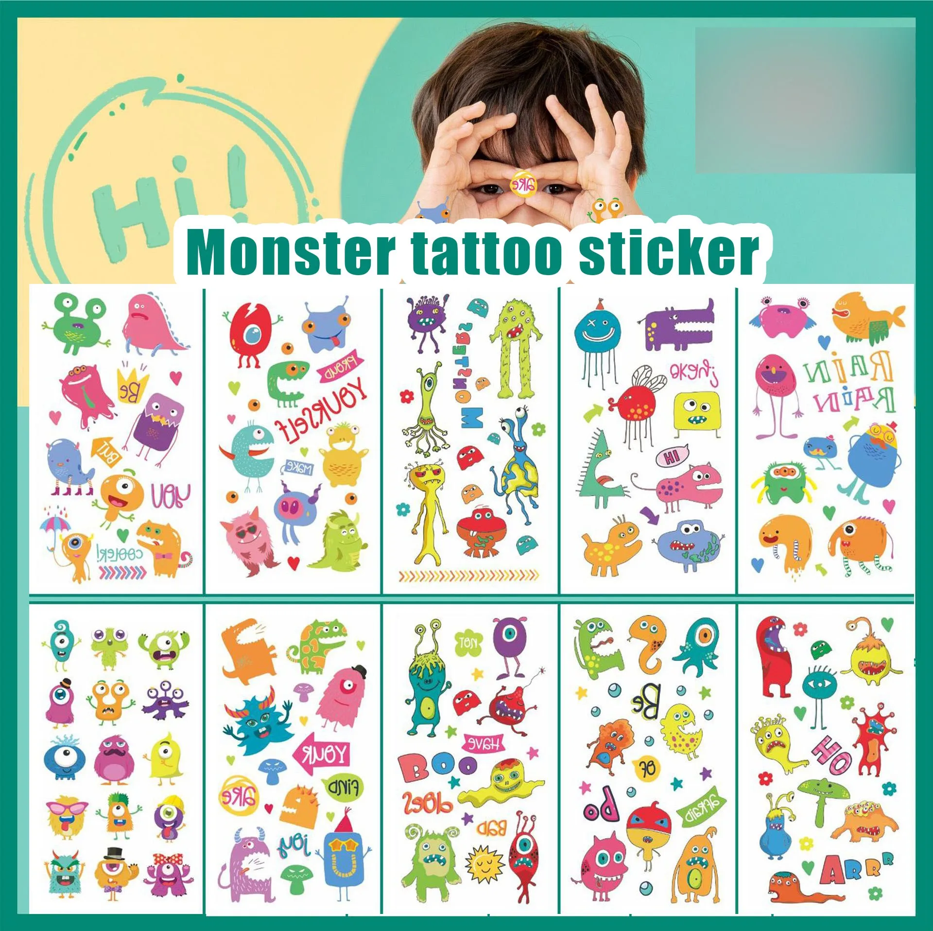 

10 pieces of children's tattoo stickers Cartoon little monsters Cute face Arm funny personality tattoo stickers