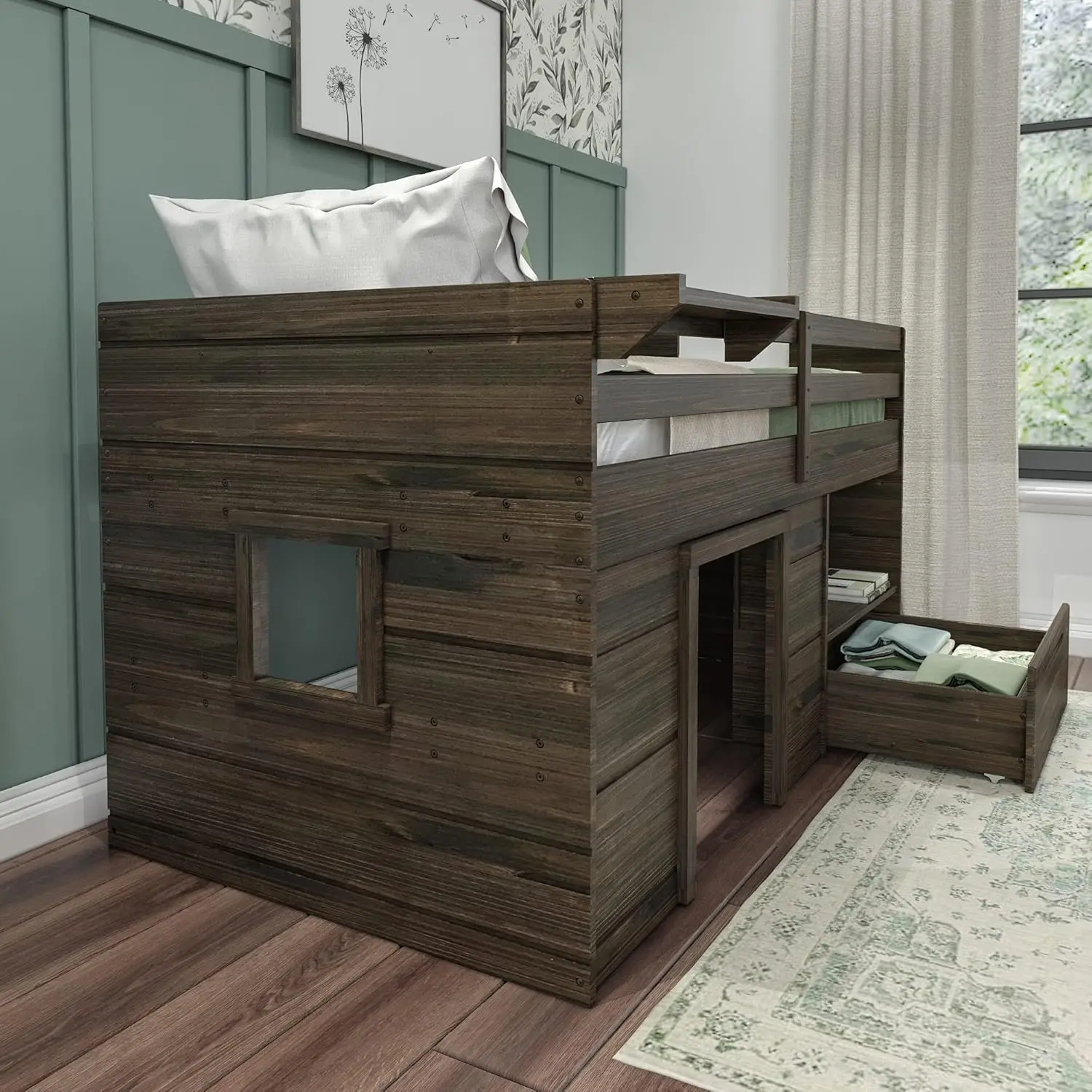 Max & Lily Loft Bed Twin Solid Wood Storage Drawer Ladder Modern Farmhouse Kids Barnwood Brown Children Toddler
