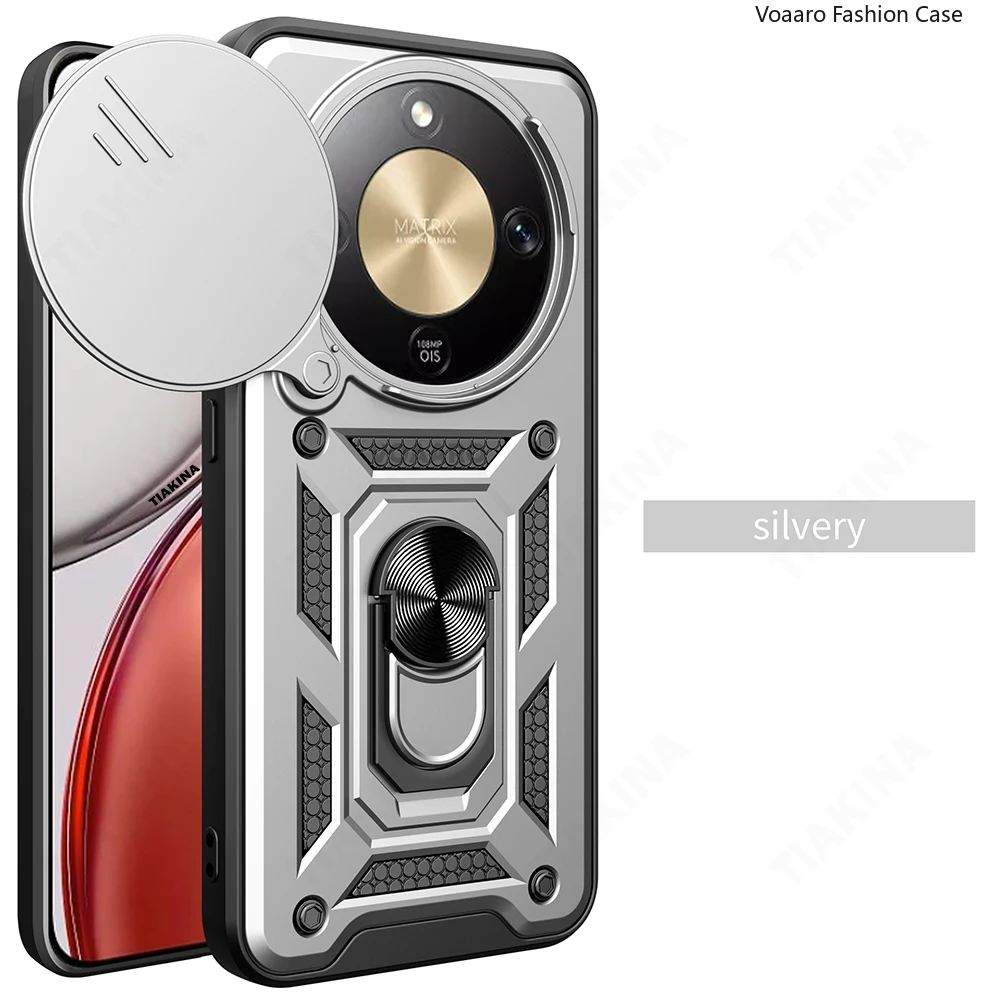 Magnetic Ring Stand Armor Case with Rotating Slide Lens Cover