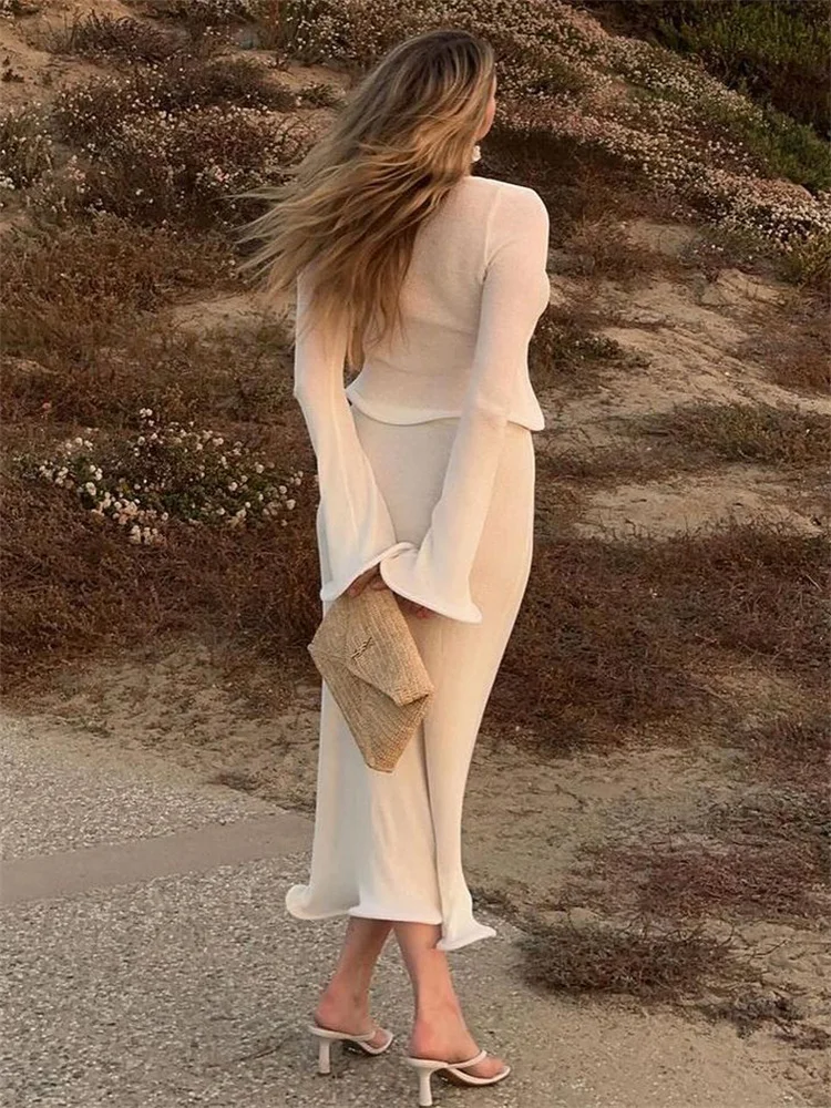 Ruffled Knit 2 Piece-Set Long Skirt Women Hollow Out Long Sleeve Slim Cropped Top And Solid Maxi Skirt Sets Female Outfits