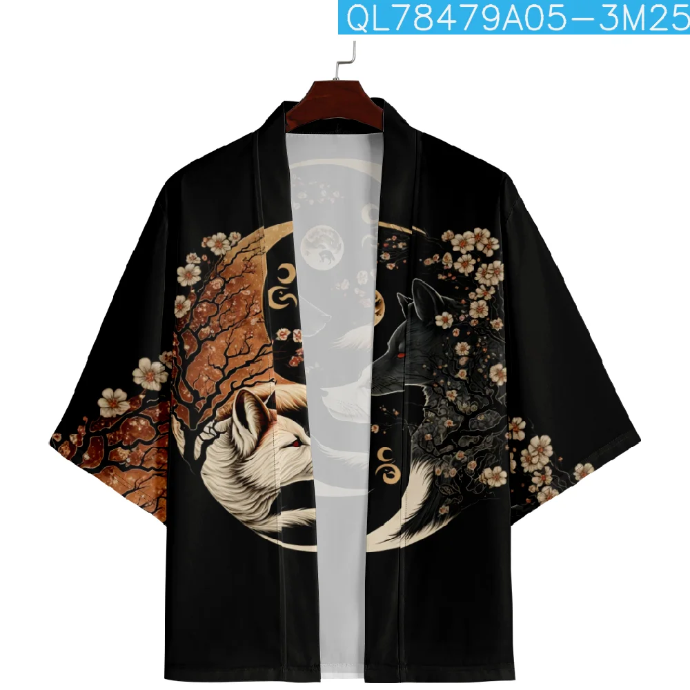 Summer Loose Japanese Fashion Wolf Print Kimono Streetwear Cardigan Robe Women Men Haori Top Yukata Plus Size 4XL 5XL