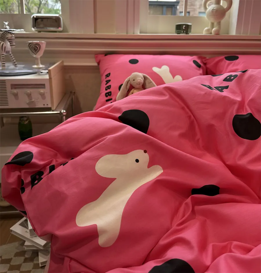 

Modern sweet cool polka dot rabbit bedding set,twin full queen black rose cotton home textile bed sheet pillow case quilt cover