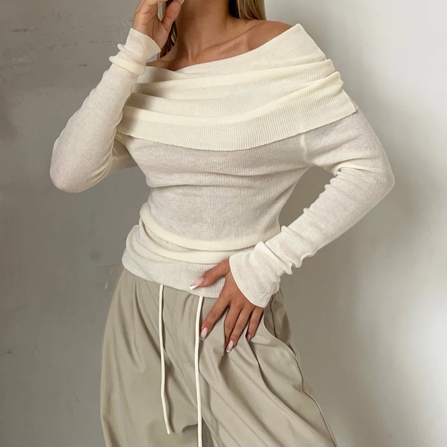 2025 New Arrival Women Spring Sexy Off The Shoulder T Shirts Pullovers Stretch Women Long Sleeve Slim Tops Pull Femme 2
