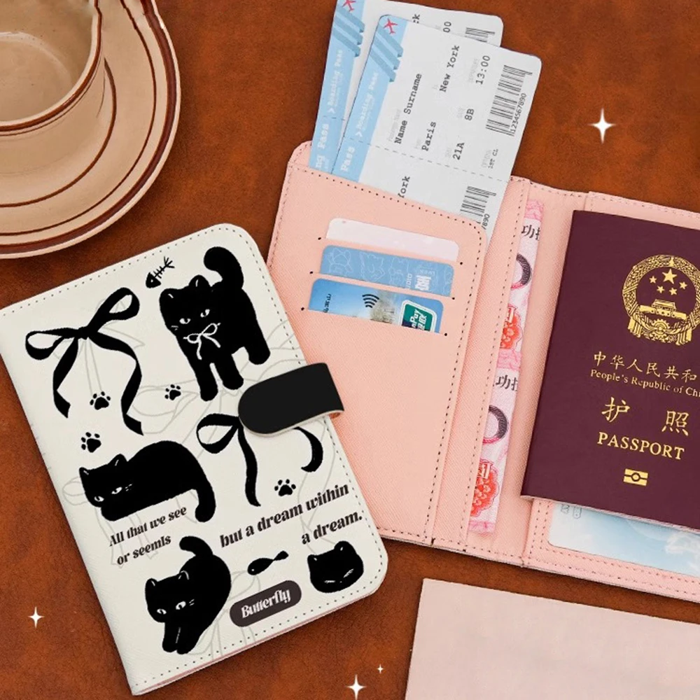 Cartoon Cat Dog Passport Holder Wallet Leather Passport Cover Portable Multi-function Waterproof Ticket Clamp Travel Accessory