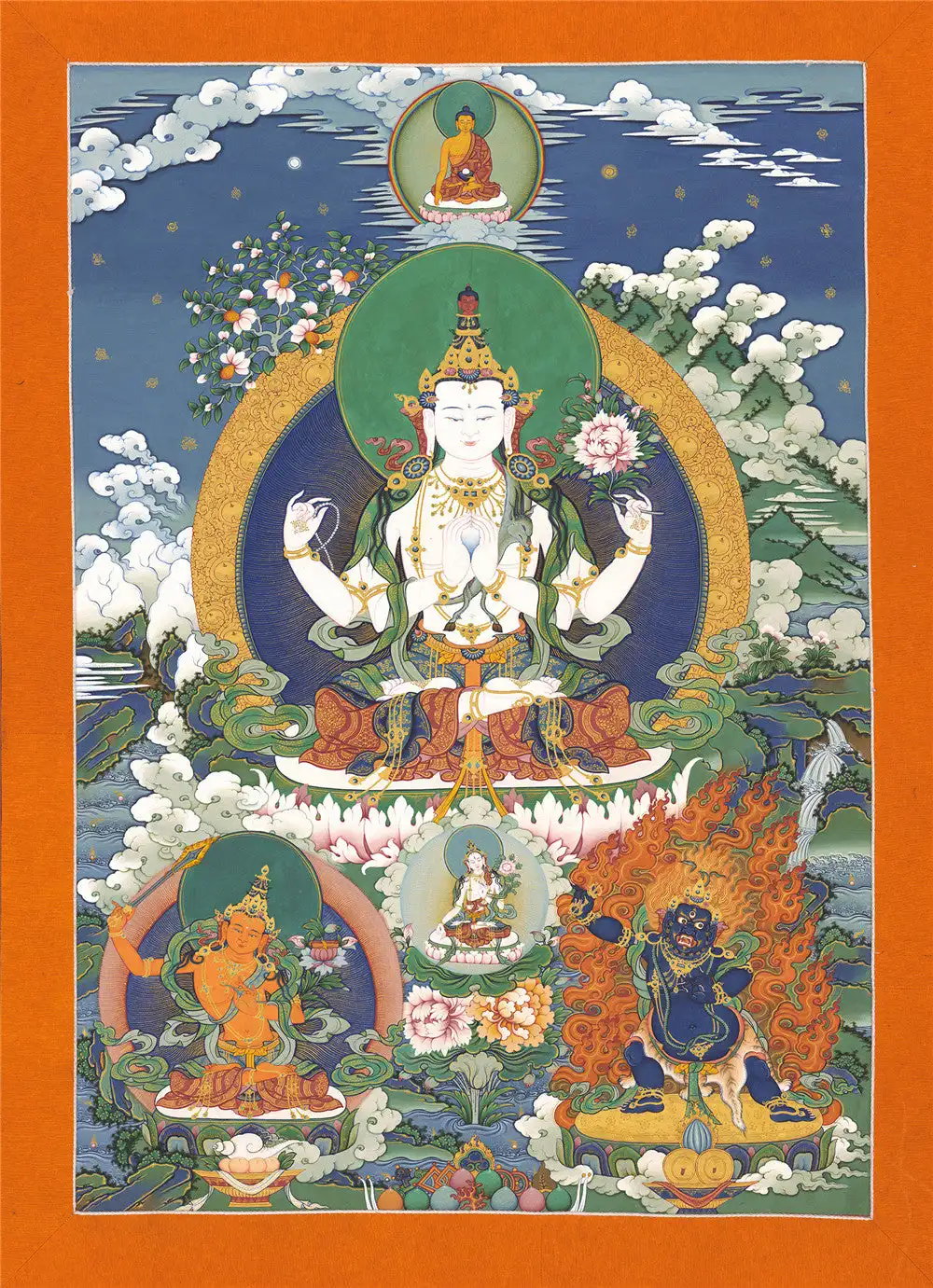 

Chenrezig Thangka (and Manjusri, Vajrapani),Gandhanra Tibetan Buddhist Thangka Art,Giclee Printed and Hand Framed,47" × 32"