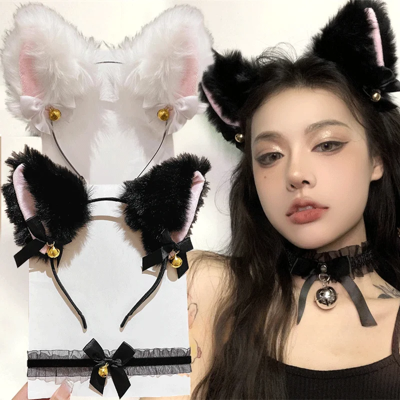 Fashion Fox Cat Ear Hair Band Plush Cat Ear Headband Black White Soft Hairband Bells Party Cosplay Hair Accessories Hair Bands Hair Band Hair Accessories Cosplay Headpiece Cosplay Accessories