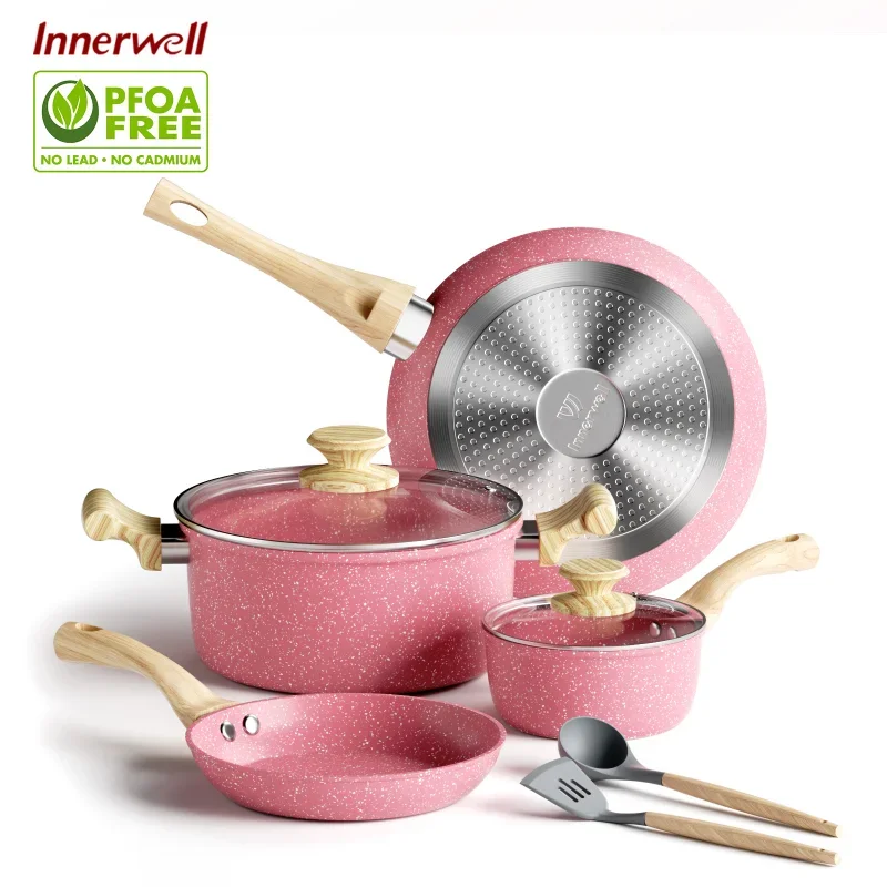Non stick Cookware Set 8Pcs Frying Pan Stockpot Milk Pot Suitable All Stoves