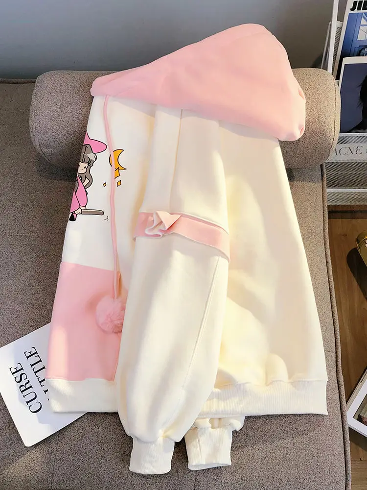 Sweet Cute Girls Hooded Sweatshirts Women 2023 Winter New Pink Junior High School Students Fleece-Lined Thickened Hoodies