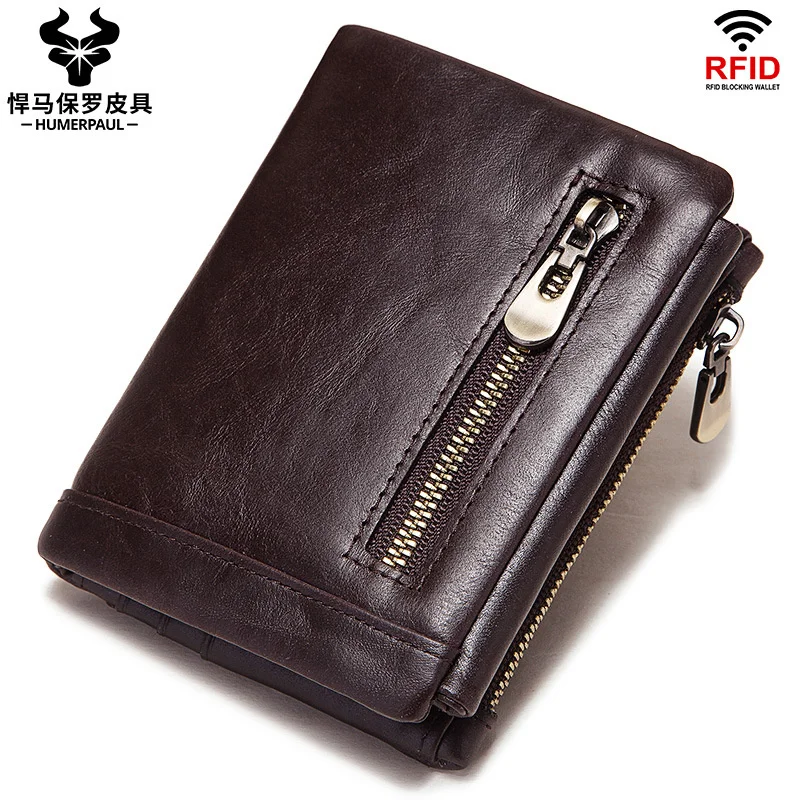 

New men's wallet genuine leather RFID three fold zero top multifunctional change bag multi card slot