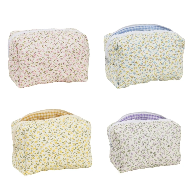 Fashionable Large Cosmetic Pouches Quilted Floral Cotton Toiletry Bag With Zippered Closure Travel Makeup Storage Case