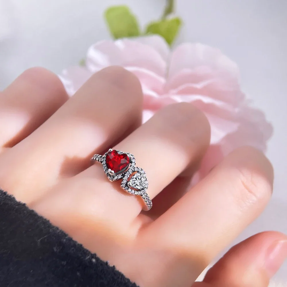 925 Sterling Silver Sparkling Double Red Love Zircon Jewelry Set Earring Necklace Ring for Women's Valentine's Day Gift