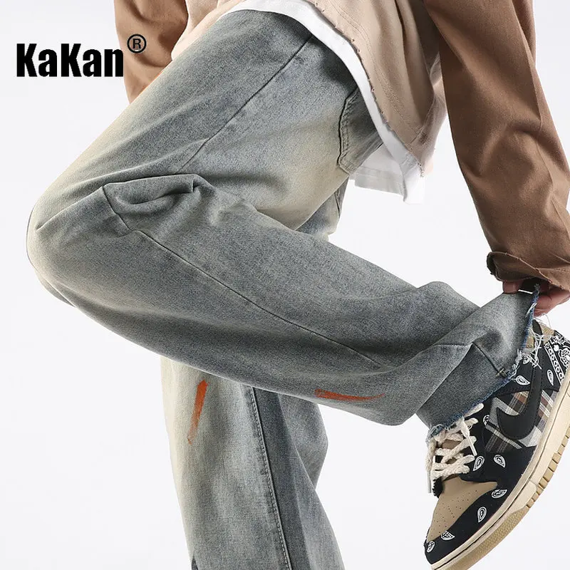 Kakan - Spring/Summer New Vintage Washed Old Jeans Men's Wear, Straight Loose Lacquered Long Jeans K024-LQS931