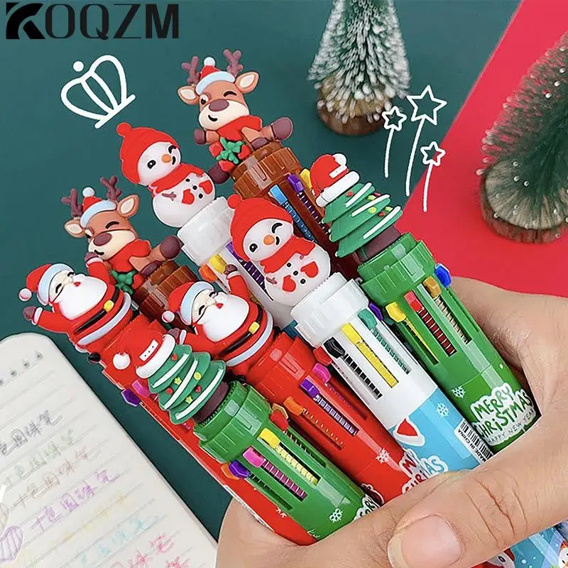 

1PC Christmas 10-color Ballpoint Pen Student Press Pen Color Pen Santa Claus Ballpoint Pen 0.5mm School Stationery Kids Gifts