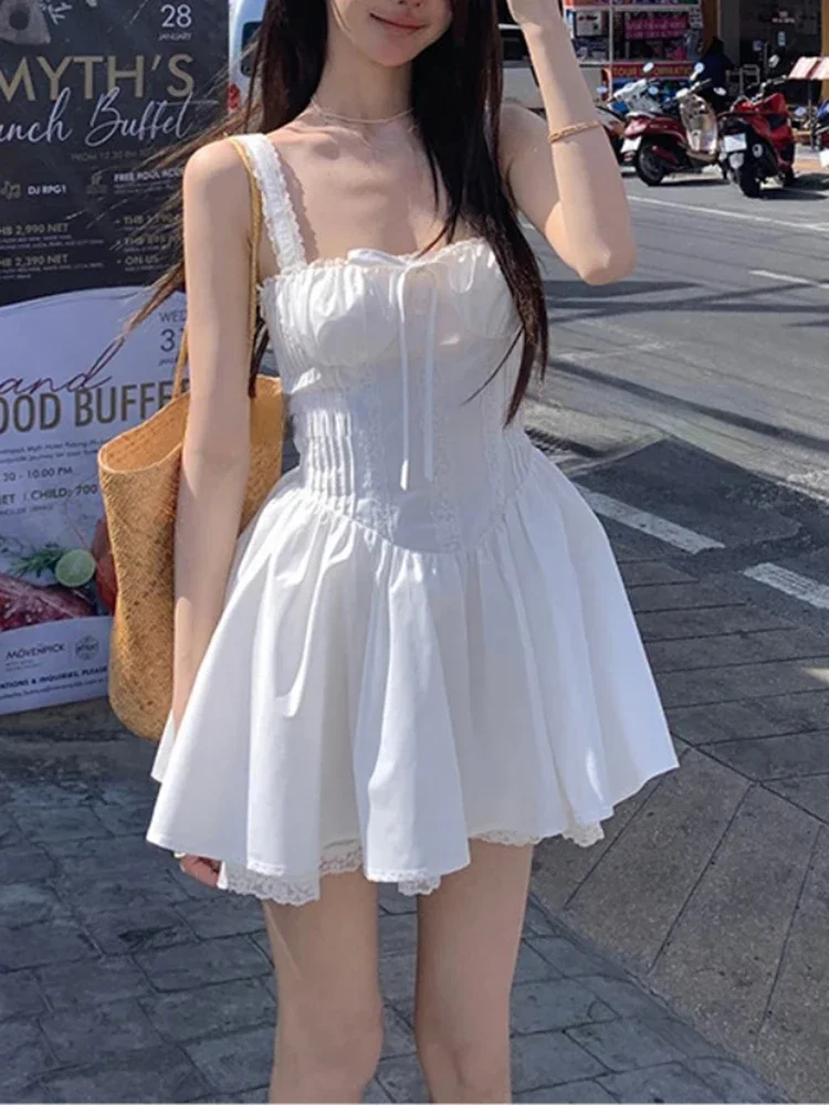 

Элегантное корейское модное женское белое мини-платье на бретельках, летнее шикарное повседневное цельное платье Y2k, искусственная кожа, одежда, женские сексуальные платья