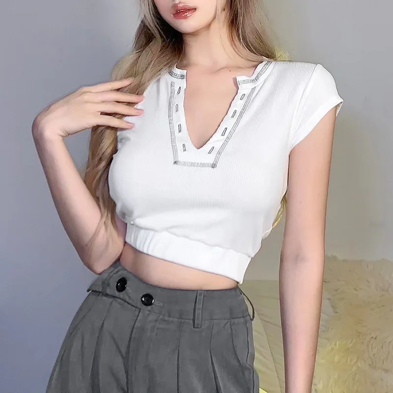 

2022 New Summer Women's Solid V-neck Tops Sexy Ladies Crop Top Tank Tops Clubwear Fashion Slim T-shirts Streetwear Pullover Vest