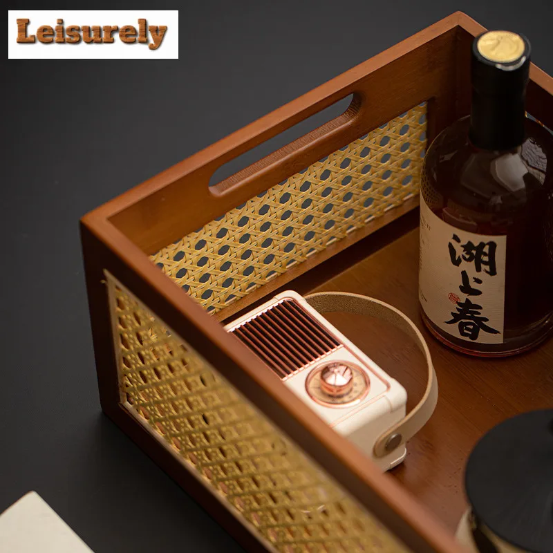 Handmade Brown Bamboo Rattan Storage Basket Food Storage Tray Debris Sorting Box Self-help Display Home Table Decoration Trays