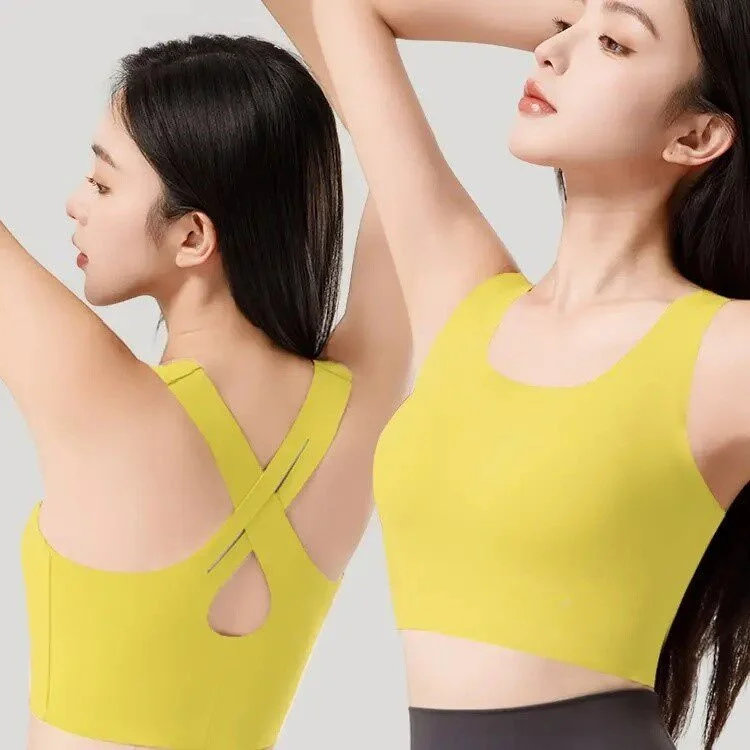 여성용 롱 스포츠 탱크탑 필라테스 트레이닝 충격방지 러닝 전문 백리스 심리스..