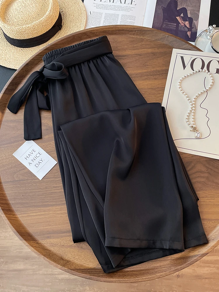 High Waist Ice Silk Acetate Wide Leg Pants for Women Summer Loose Silk Satin long maxi Trousers Spring lace up plus size pants 3