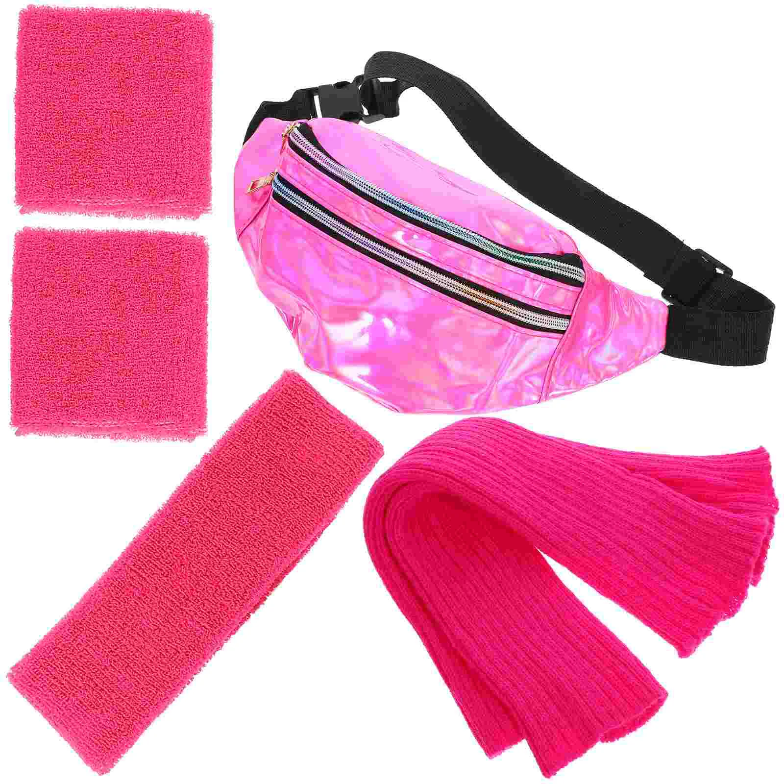 Retro 80S Women Costume Accessories Set Neon Fanny Pack Leg Warmers Headband Sweat Bands Sports Headwear Pu Arm Band